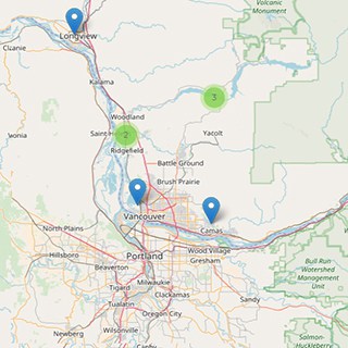 A map of several Northwest SUP and Fitness Paddle Locations in Washington near the Oregon border.