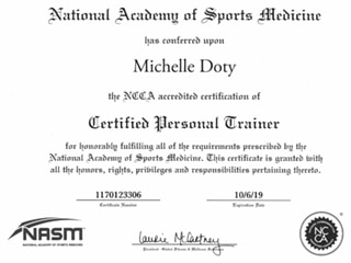 A copy of Michelle's fitness certification from the National Academy of Sports Medicine.